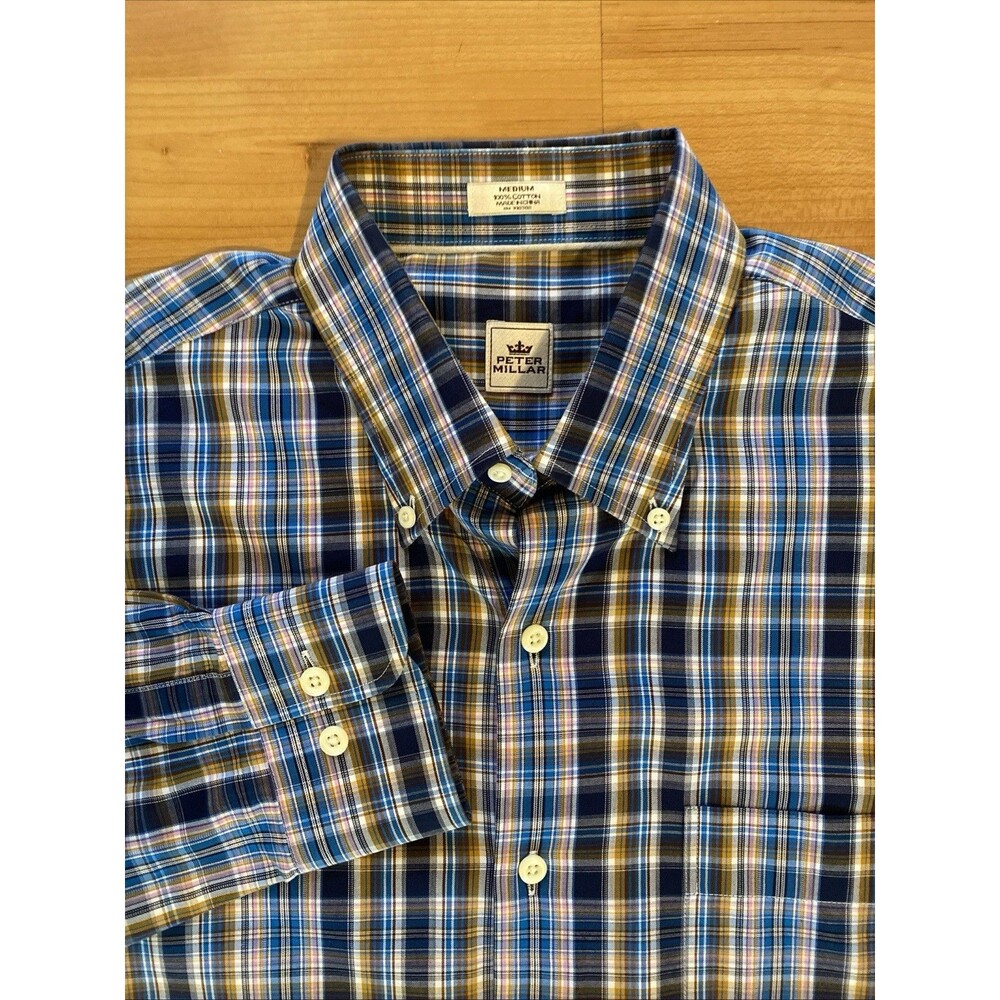 PETER MILLAR Navy Blue Plaid Shirt All Seasons Cotton Butto Down- Size Medium